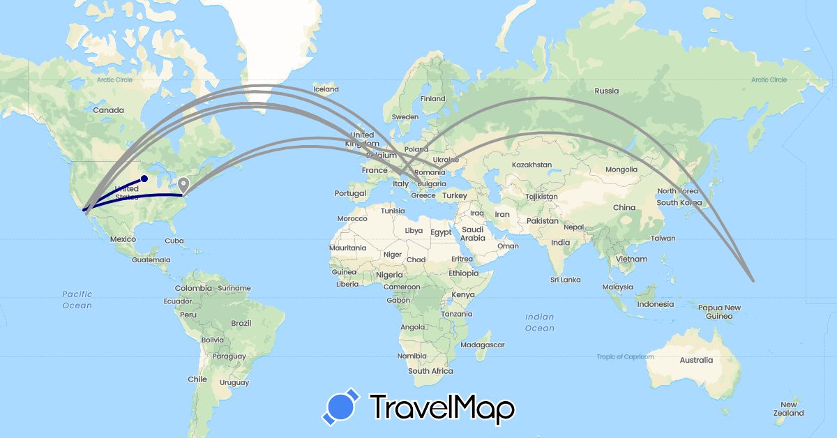 TravelMap itinerary: driving, plane in Micronesia, United Kingdom, Italy, Moldova, Netherlands, United States, Kosovo (Europe, North America, Oceania)